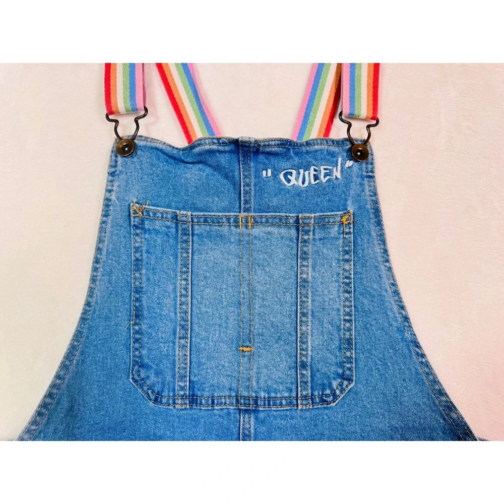 Women's Rainbow Strap Denim Shortalls Blue Queen Embroidered Jean Overalls - Picture 10 of 10
